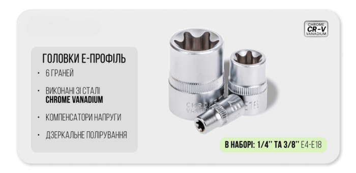 Набір торцевих головок зовнішній торкс 1/4"-3/8"DR Е4-Е18, 10 предметів